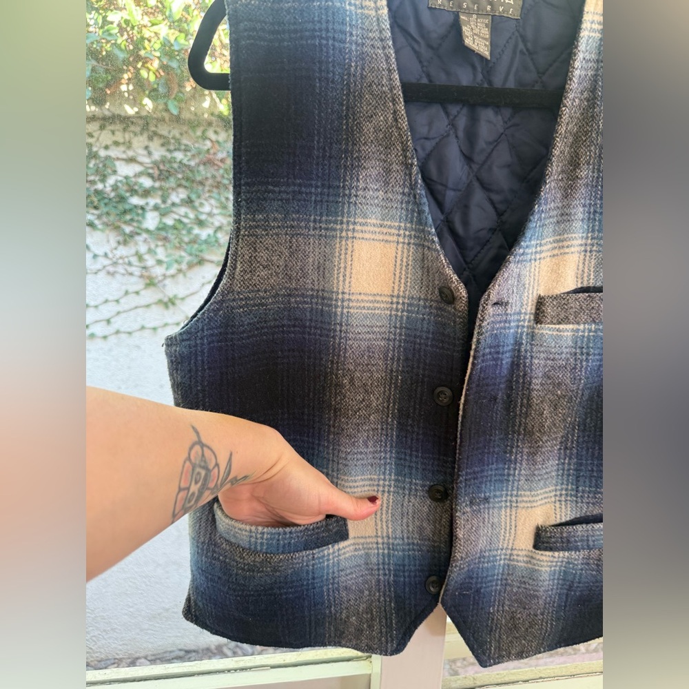 Vintage 90s Generra Reserve Wool Blend Blue & White Plaid Gorpcore Grunge Vest - Picture 8 of 12